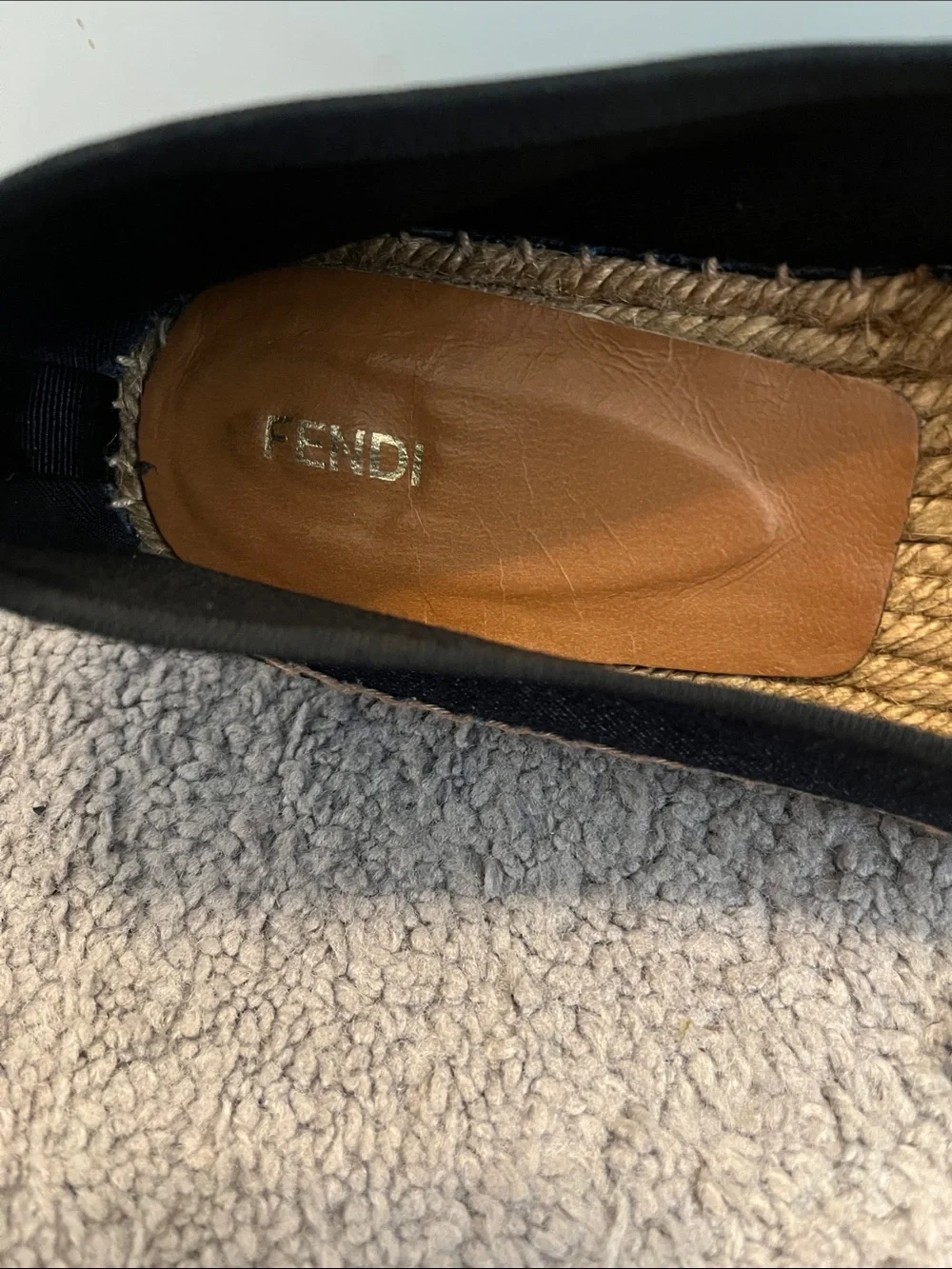 Fendi Navy Denim Slip-On Espadrille Loafers with Black Patent Cap